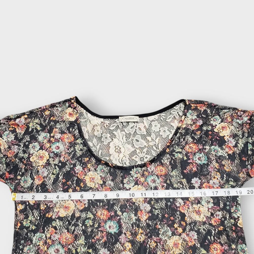 Pull & Bear Floral Crochet Lace‎ Top Medium Black Ditsy Print Y2K Sheer Grunge - Picture 7 of 10